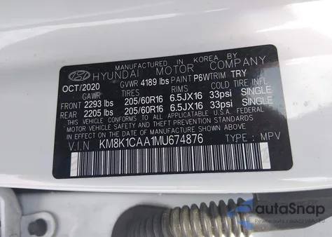 2021 Hyundai Kona Se z USA, uszkodzony, nr VIN KM8K1CAA1MU674876